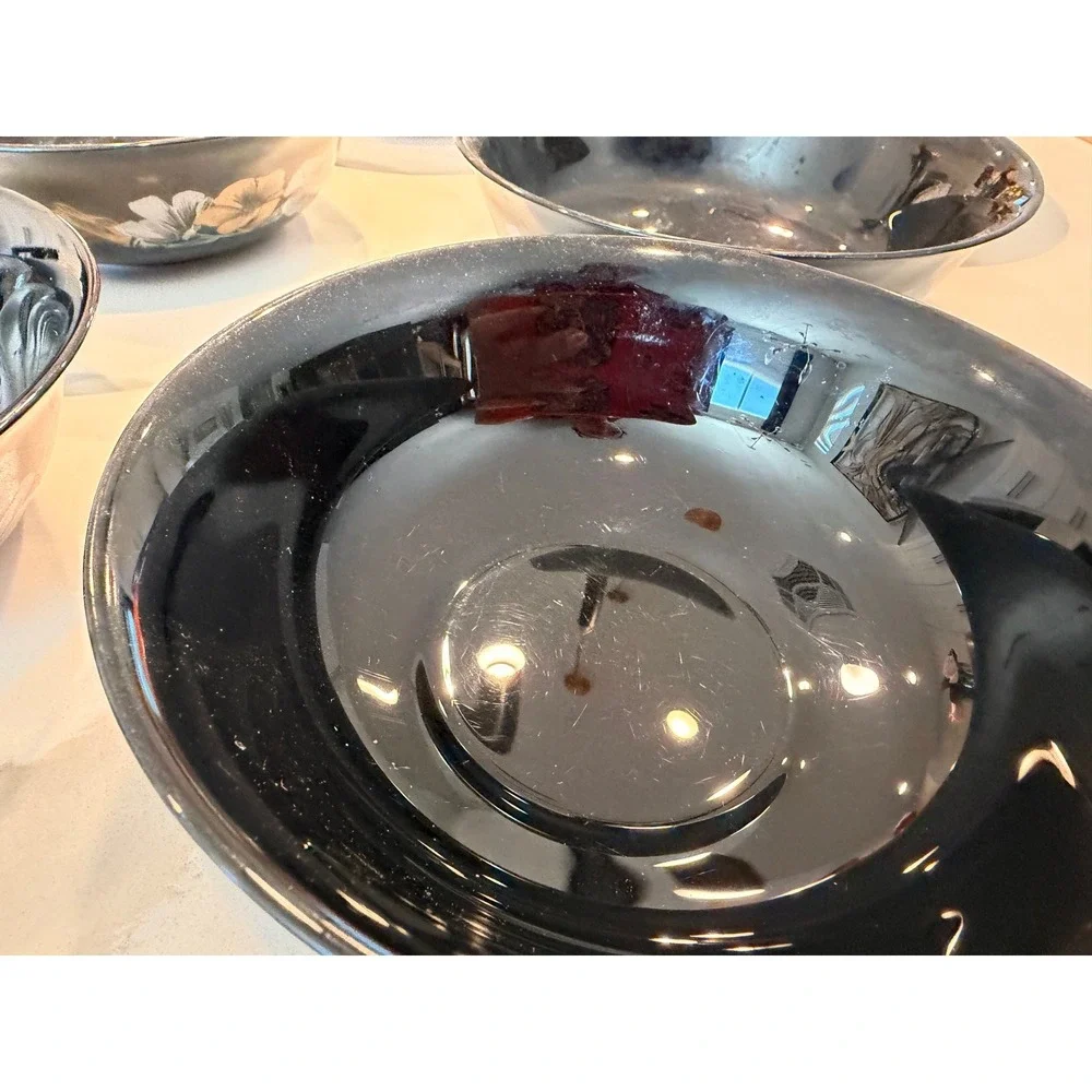Arcoroc France Julie Black Floral Soup Bowls Set 6 Glass Vintage Black Glass